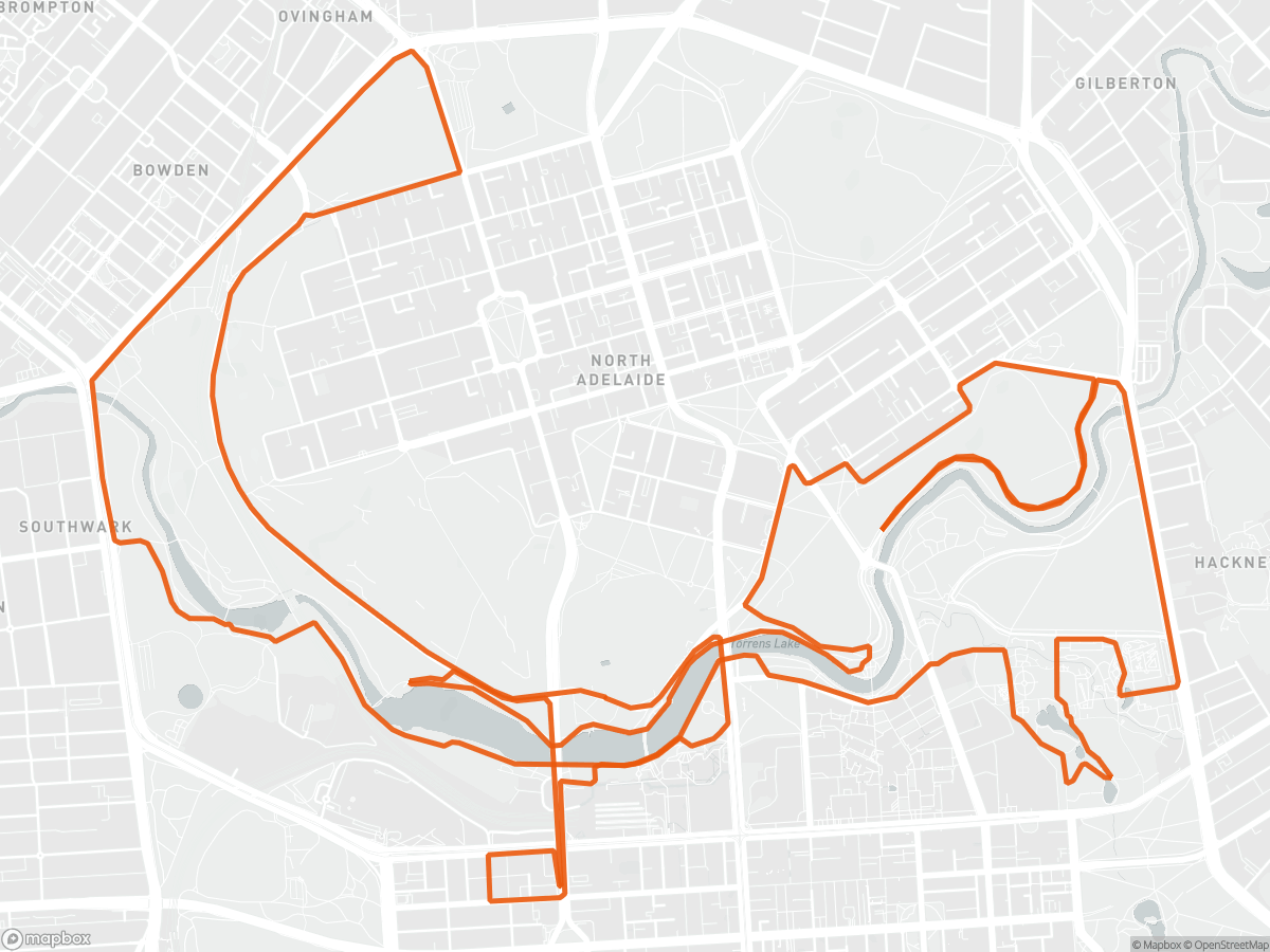 Route map of the Adelaide Half Marathon course in Adelaide, 21.1 km