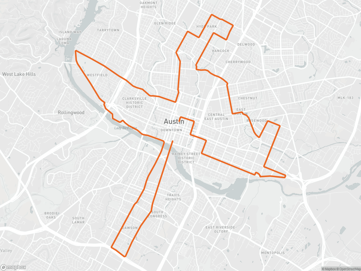 Routekaart van het parcours van de Austin Marathon in Austin, TX, 42,2 km