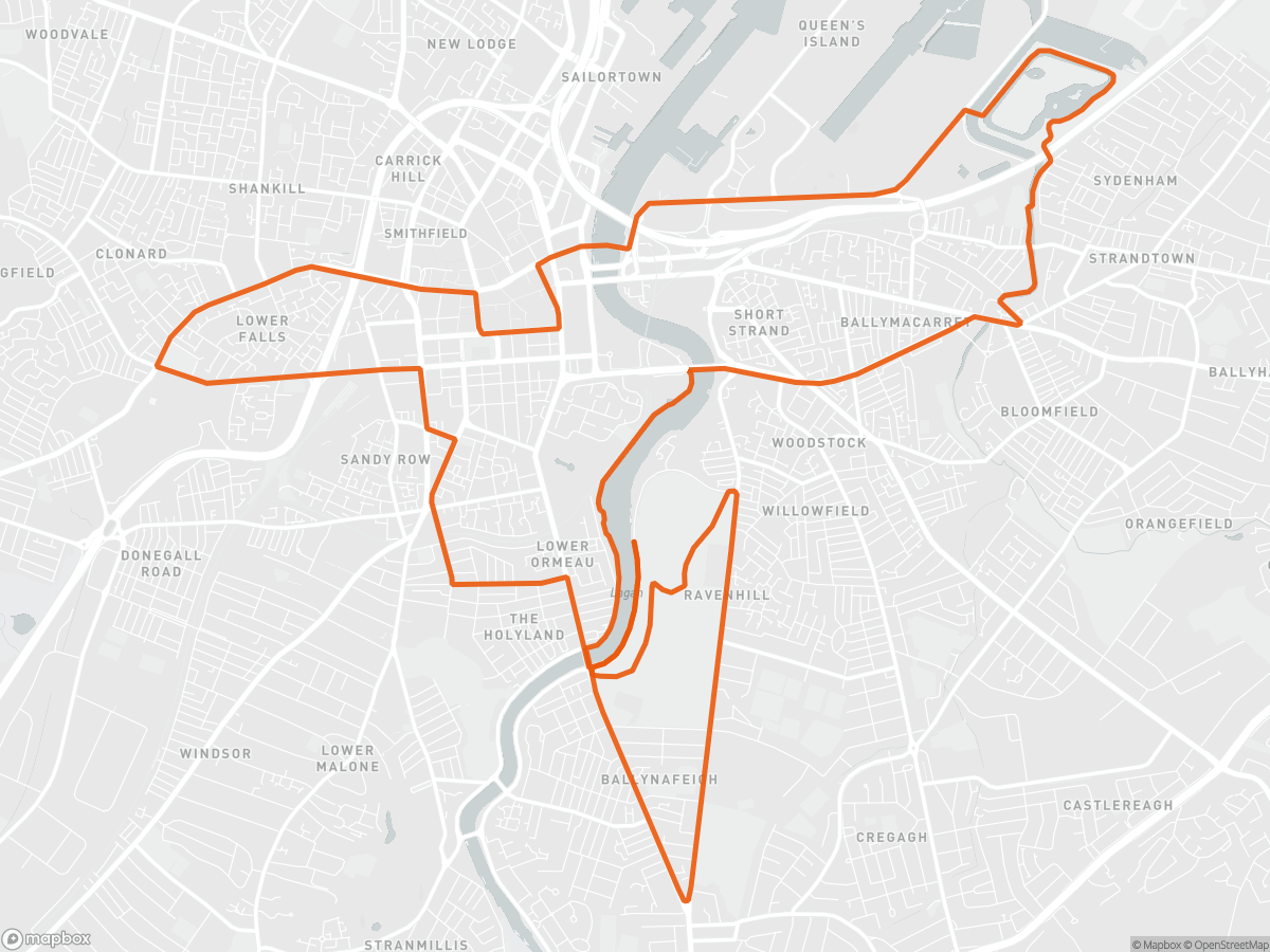 Route map of the Belfast City Half Marathon course in Belfast, 21.1 km