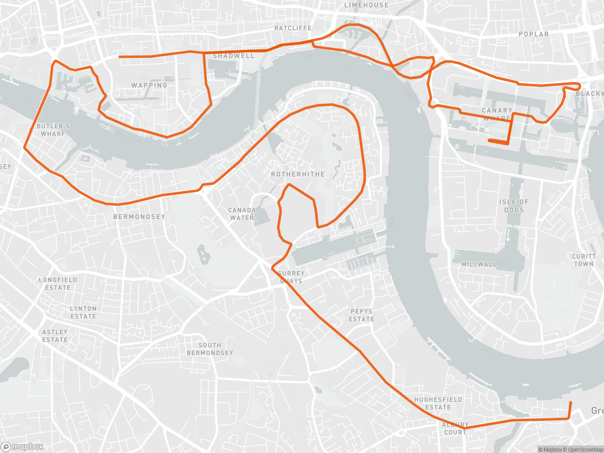 Route map of the Big Half Marathon course in London, 21.1 km