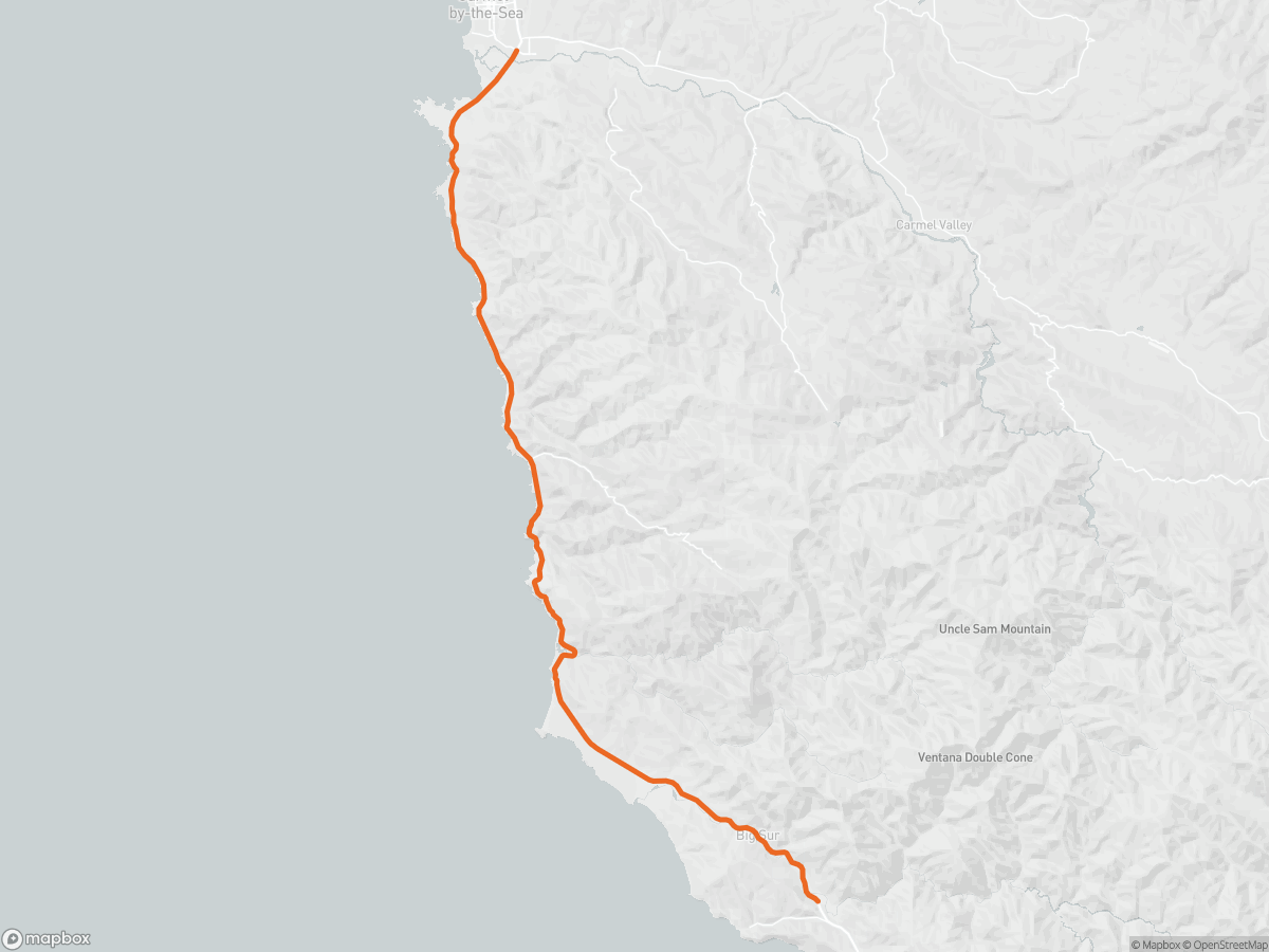 Route map of the Big Sur International Marathon course in Carmel, CA, 42.2 km