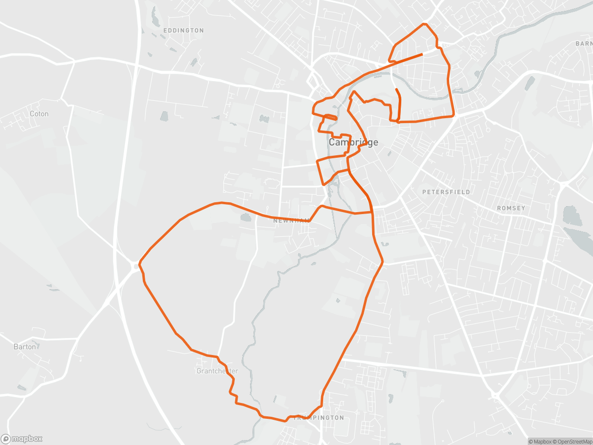 Streckenkarte des Cambridge-Halbmarathon in Cambridge, 21,1 km