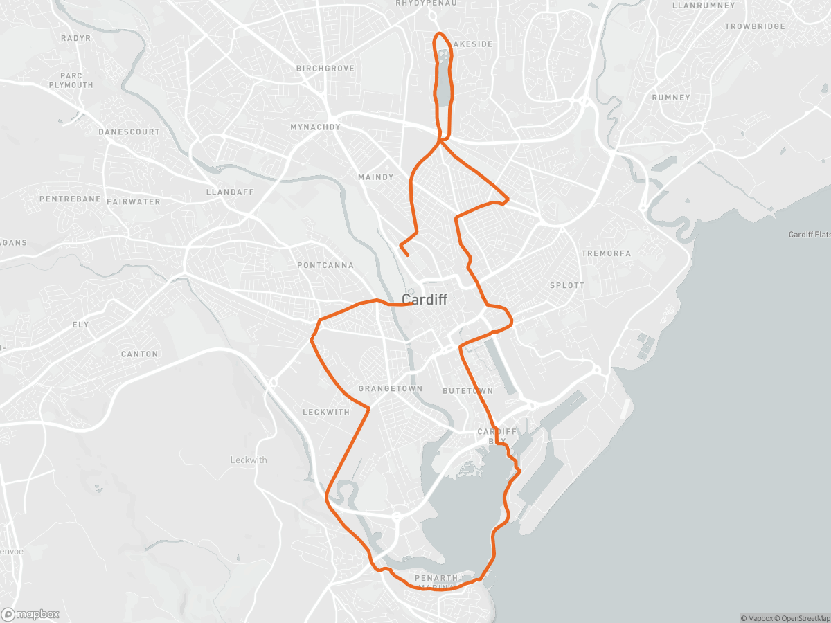 Route map of the Cardiff Half Marathon course in Cardiff, 21.1 km