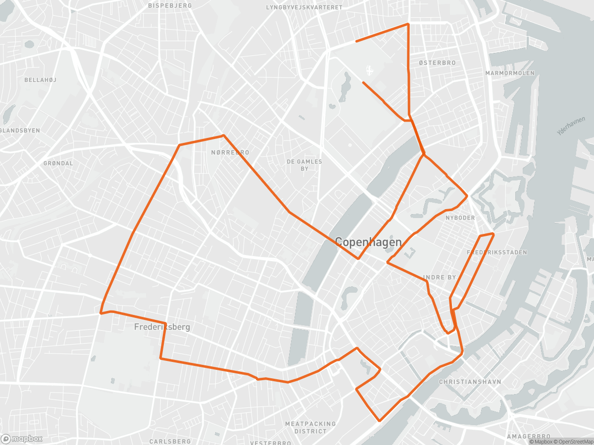 Route map of the Copenhagen Half Marathon course in Copenhagen, 21.1 km