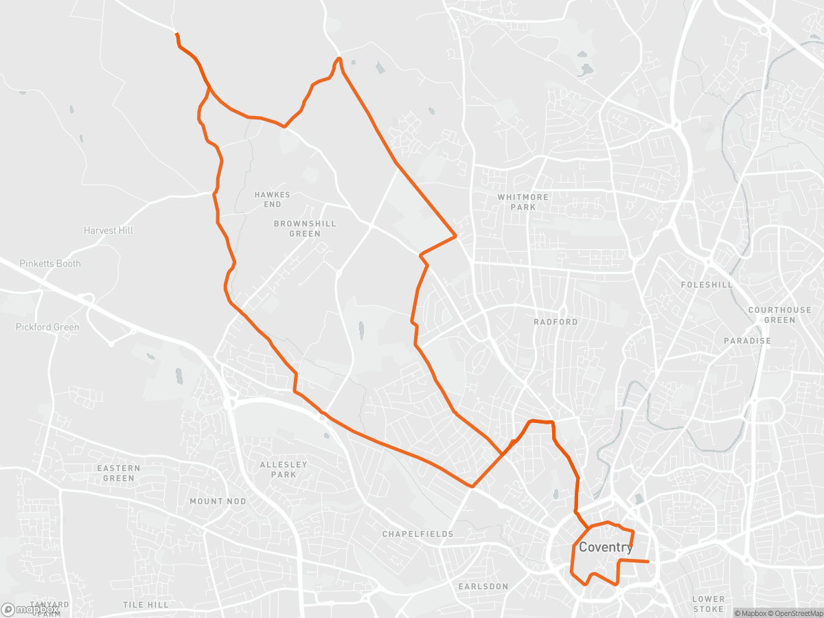 Route map of the Coventry Half Marathon course in Coventry, 21.1 km