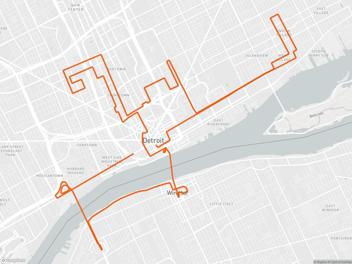 Mappa del percorso della Maratona di Detroit Free Press a Detroit, MI, 42,2 km