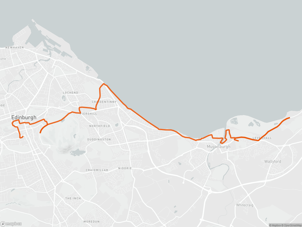 Route map of the Edinburgh Half Marathon course in Edinburgh, 21.1 km