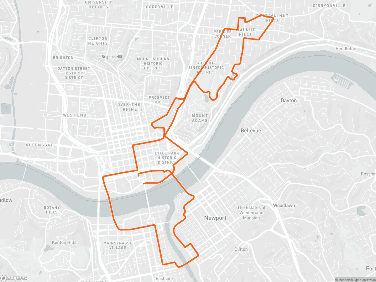Route map of the Flying Pig Half Marathon course in Cincinnati, OH, 21.1 km