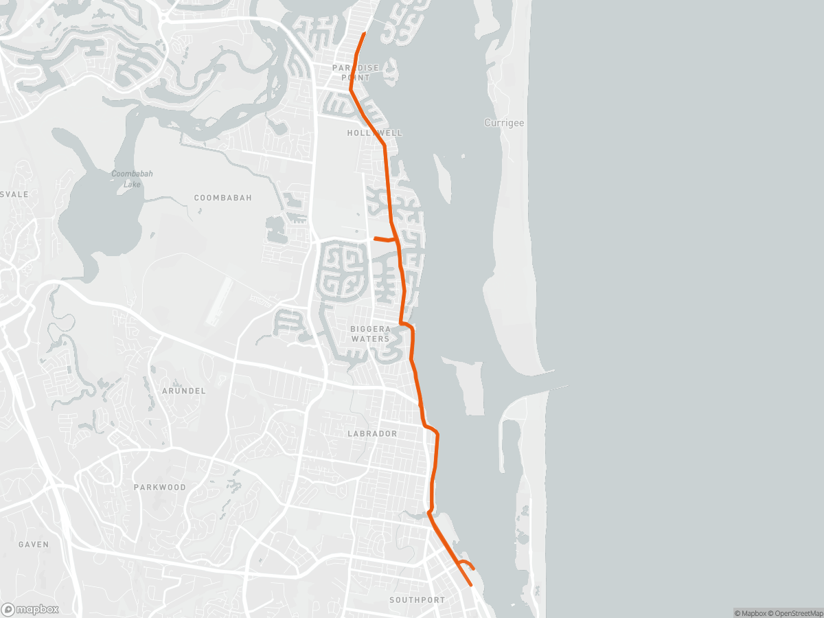 Route map of the Gold Coast Half Marathon course in Gold Coast, 21.1 km