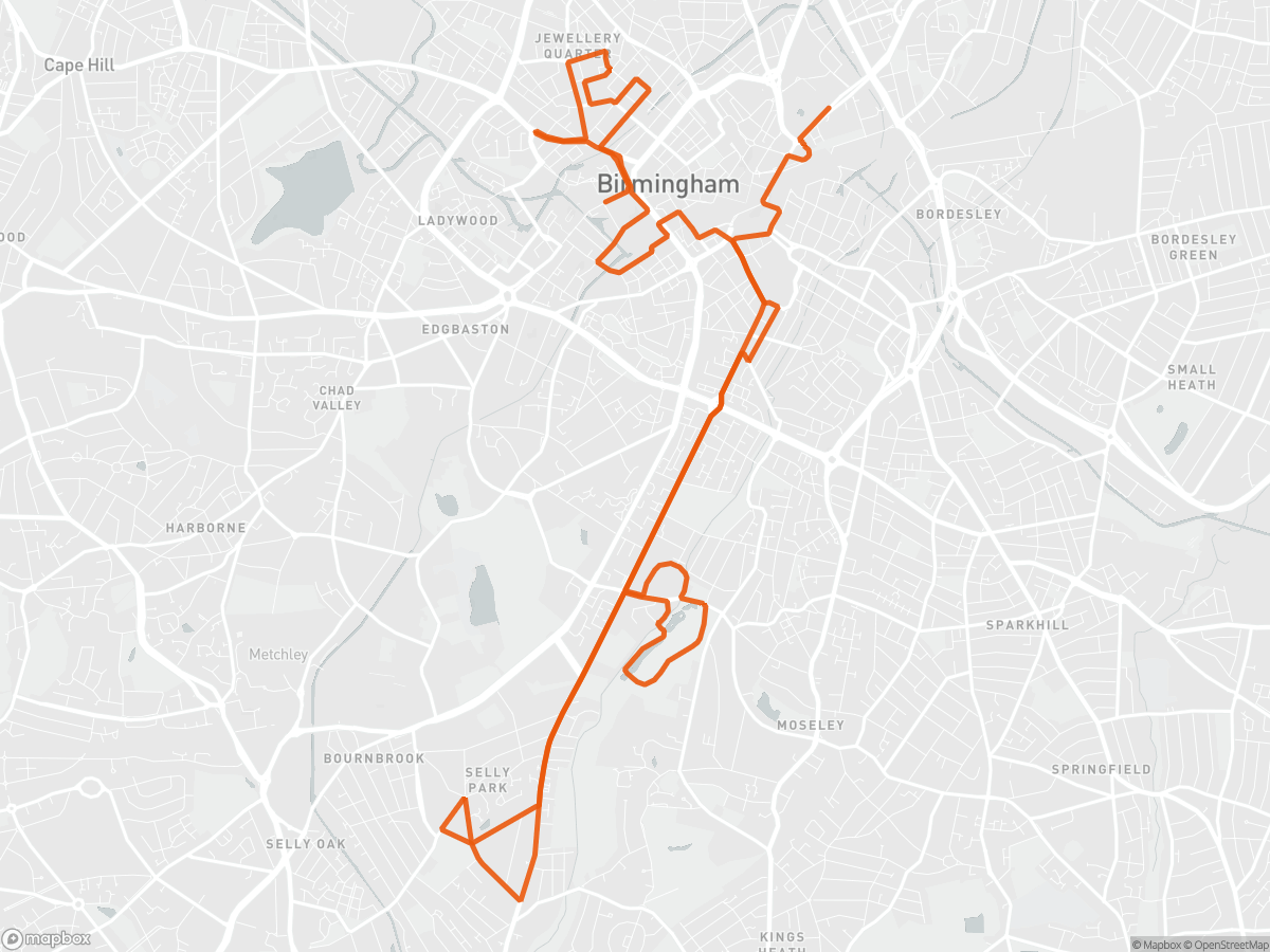 Route map of the Great Birmingham Run Half Marathon course in Birmingham, 21.1 km
