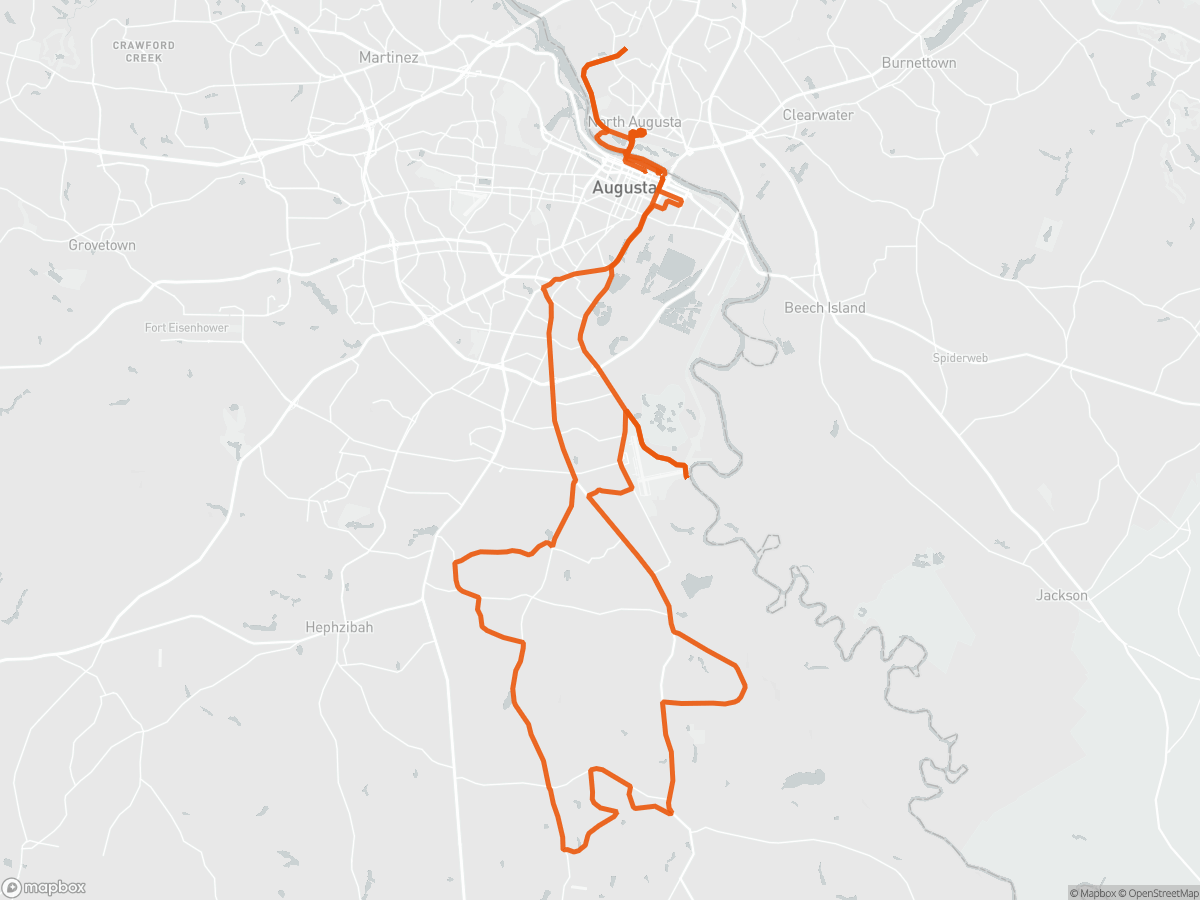 Route map of the Ironman 70.3 Augusta course in Augusta, GA, 113 km