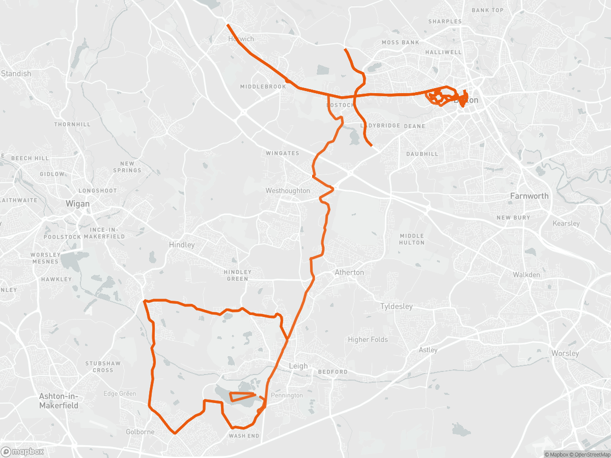 Route map of the Ironman 70.3 Bolton course in Bolton, 113 km