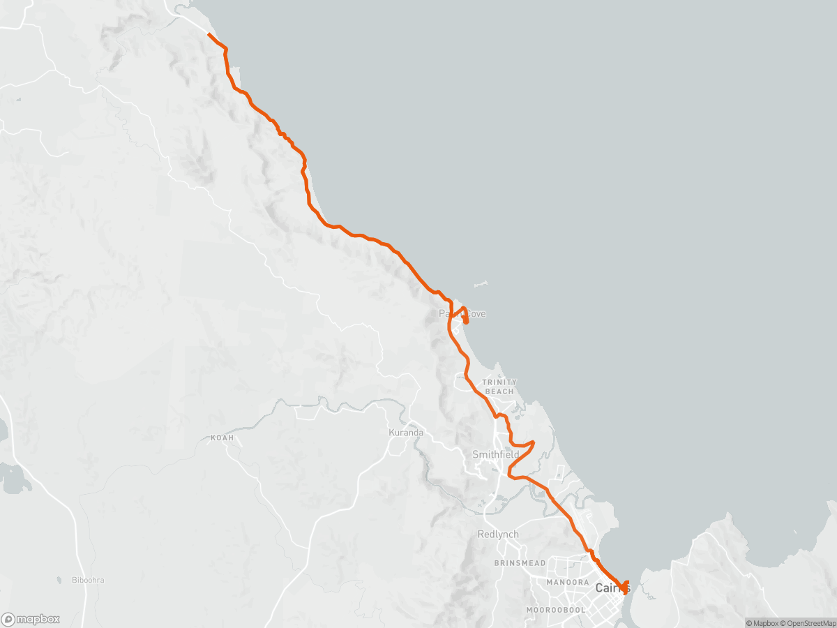 Route map of the Ironman 70.3 Cairns course in Cairns, 113 km
