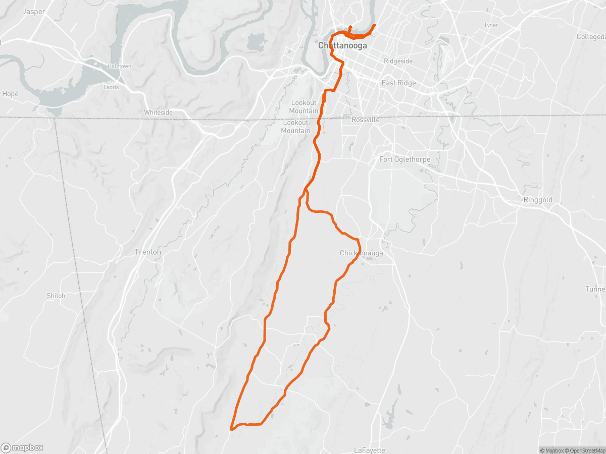 Route map of the Ironman 70.3 Chattanooga course in Chattanooga, TN, 113 km