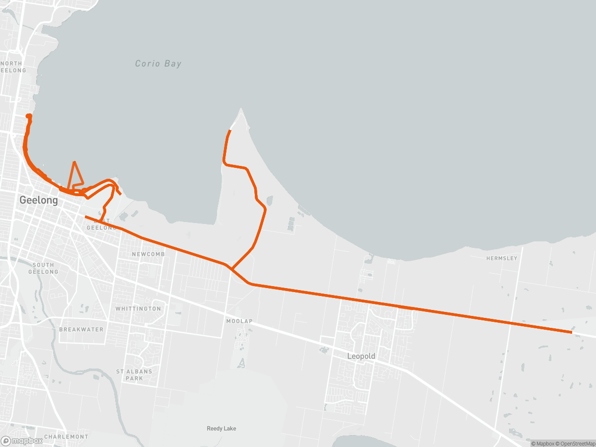 Route map of the Ironman 70.3 Geelong course in Geelong, 113 km