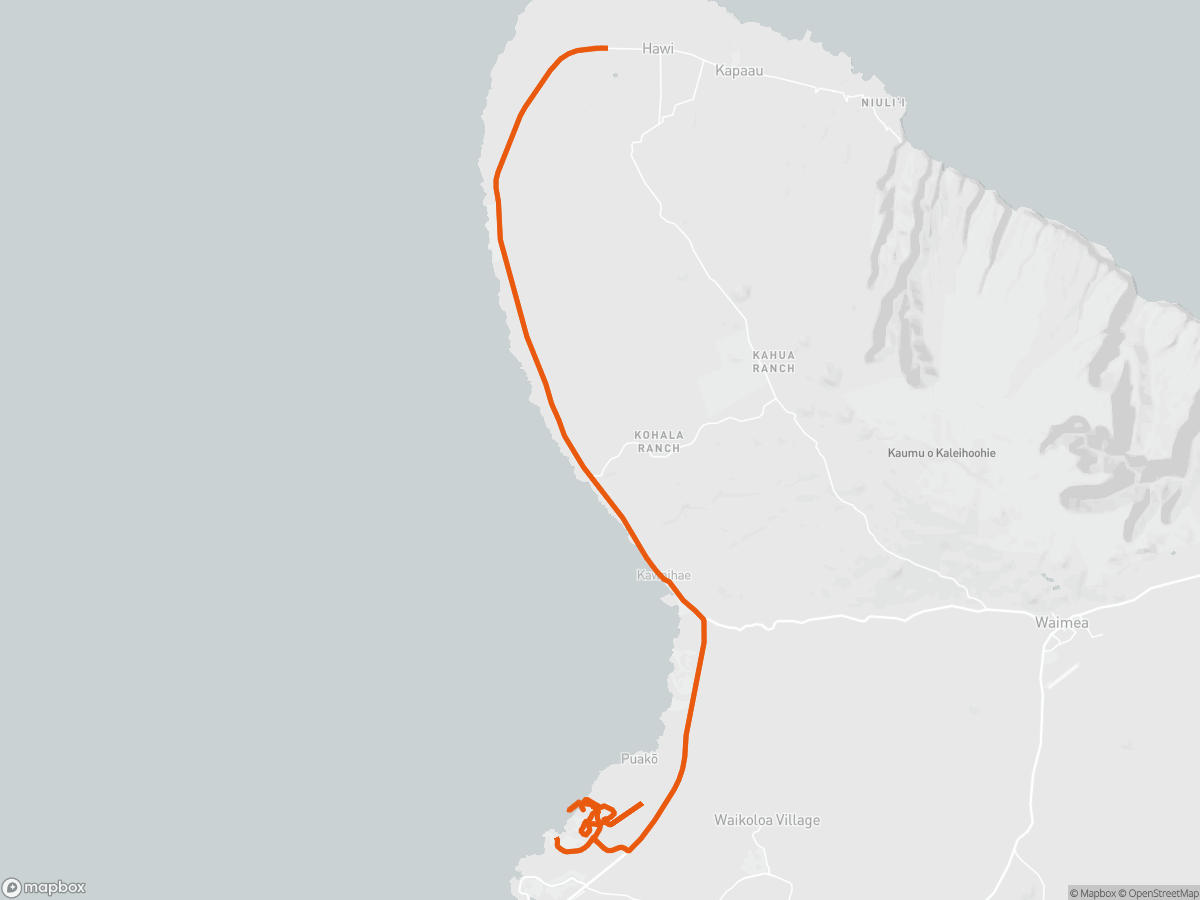 Route map of the Ironman 70.3 Hawai'i course in Kohala Coast, HI, 113 km