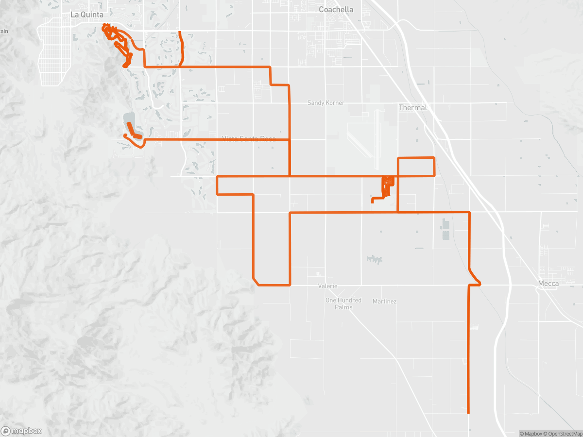 Route map of the Ironman 70.3 La Quinta course in La Quinta, CA, 113 km