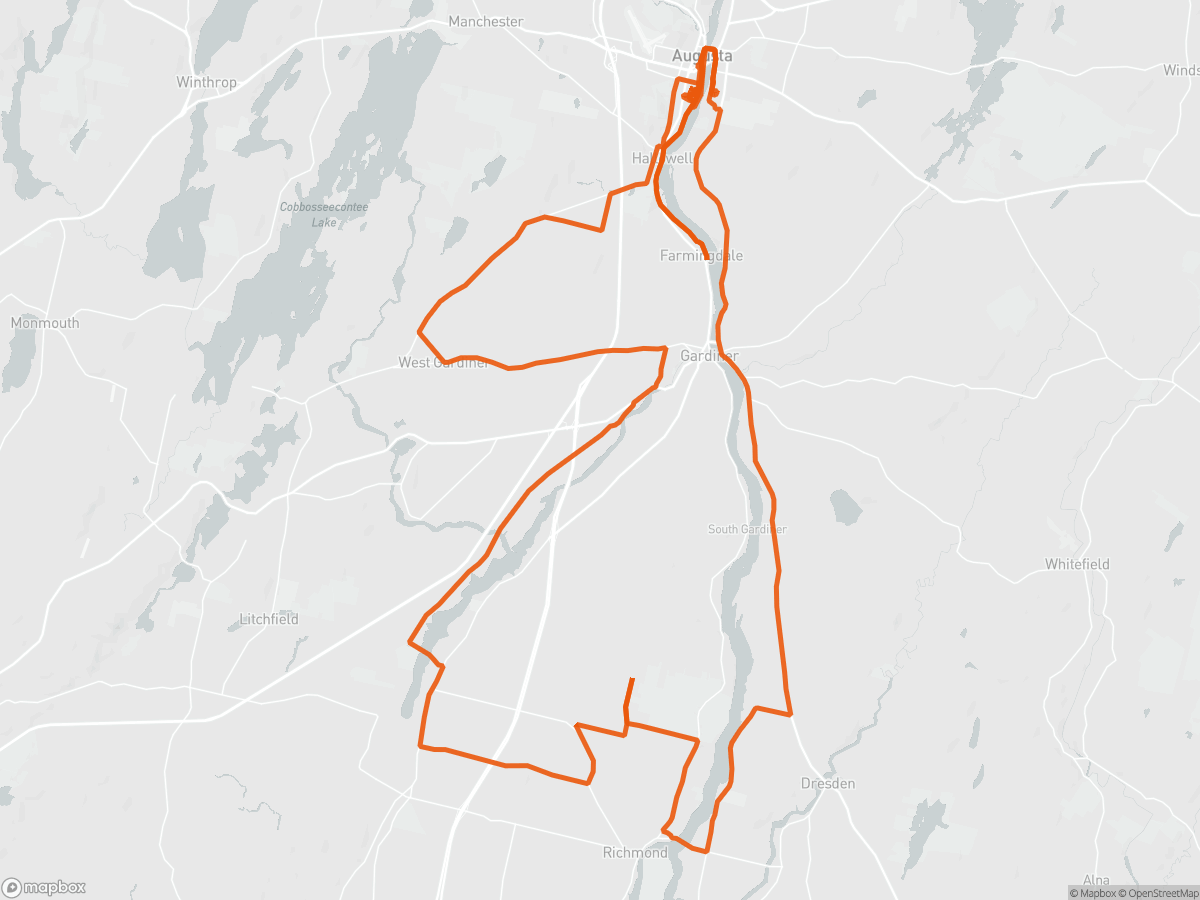Route map of the Ironman 70.3 Maine course in Augusta, ME, 113 km