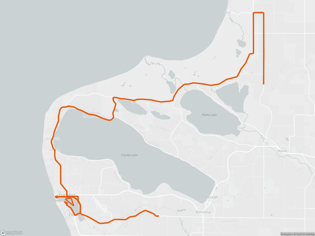 Route map of the Ironman 70.3 Michigan course in Frankfort, MI, 113 km