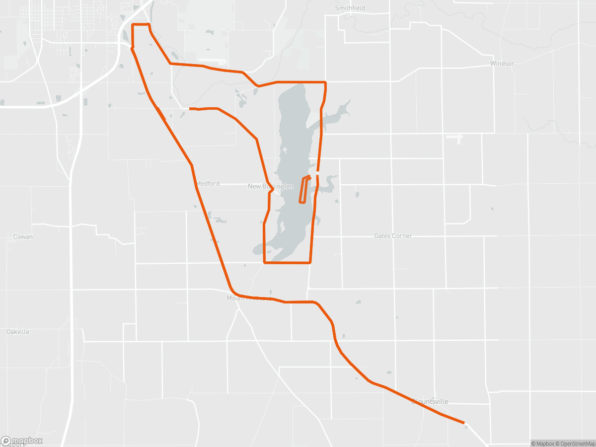 Route map of the Ironman 70.3 Muncie course in Muncie, IN, 113 km