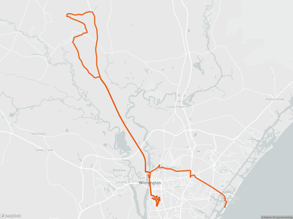 Route map of the Ironman 70.3 North Carolina course in Wilmington, NC, 113 km