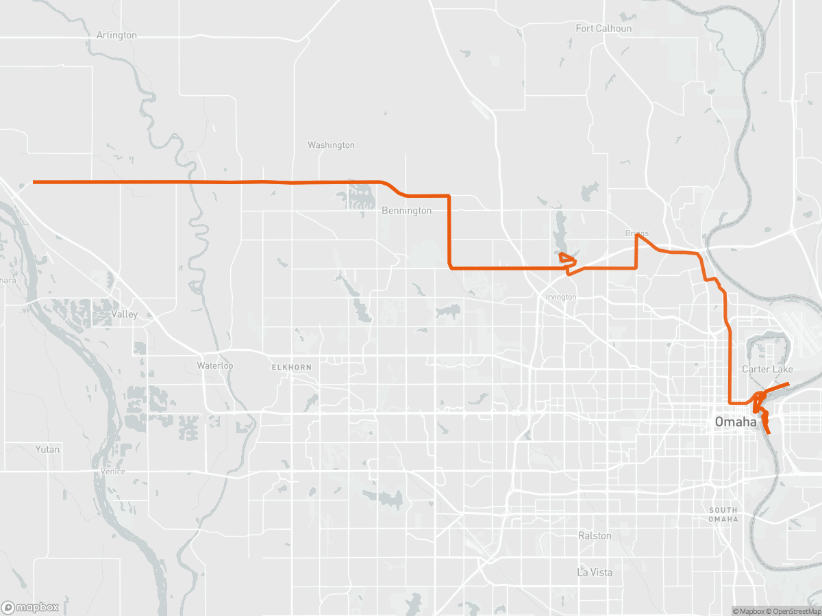Route map of the Ironman 70.3 Omaha course in Omaha, NE, 113 km