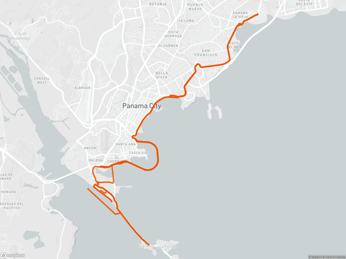 Route map of the Ironman 70.3 Panama course in Panama City, 113 km