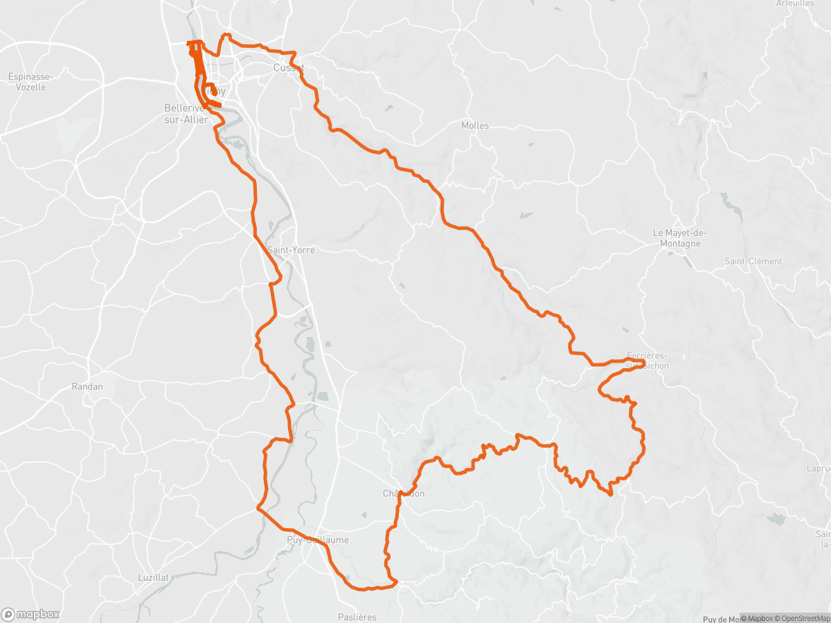 Route map of the Ironman 70.3 Vichy course in Vichy, 113 km