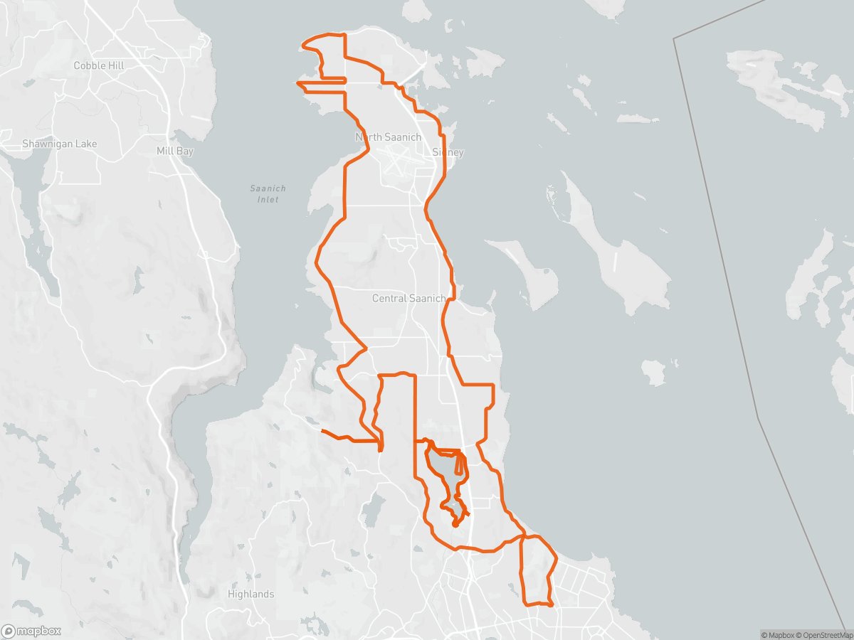 Route map of the Ironman 70.3 Victoria course in Victoria, 113 km