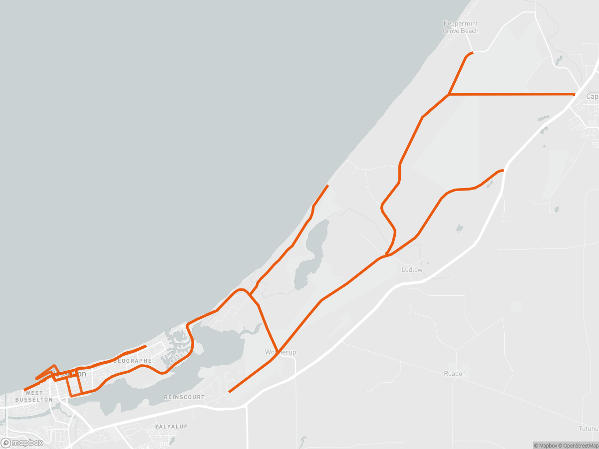 Route map of the Ironman 70.3 Western Australia course in Busselton, 113 km