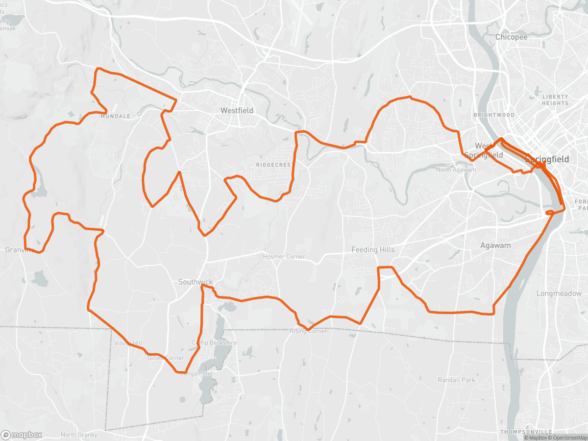 Route map of the Ironman 70.3 Western Massachusetts course in Springfield, MA, 113 km