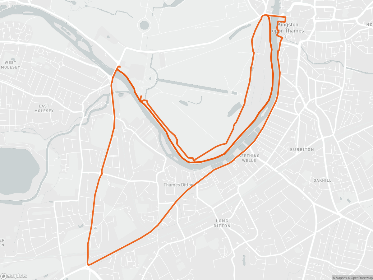 Mapa del recorrido del Hampton Court Palace Half Marathon en East Molesey, 13,1 mi