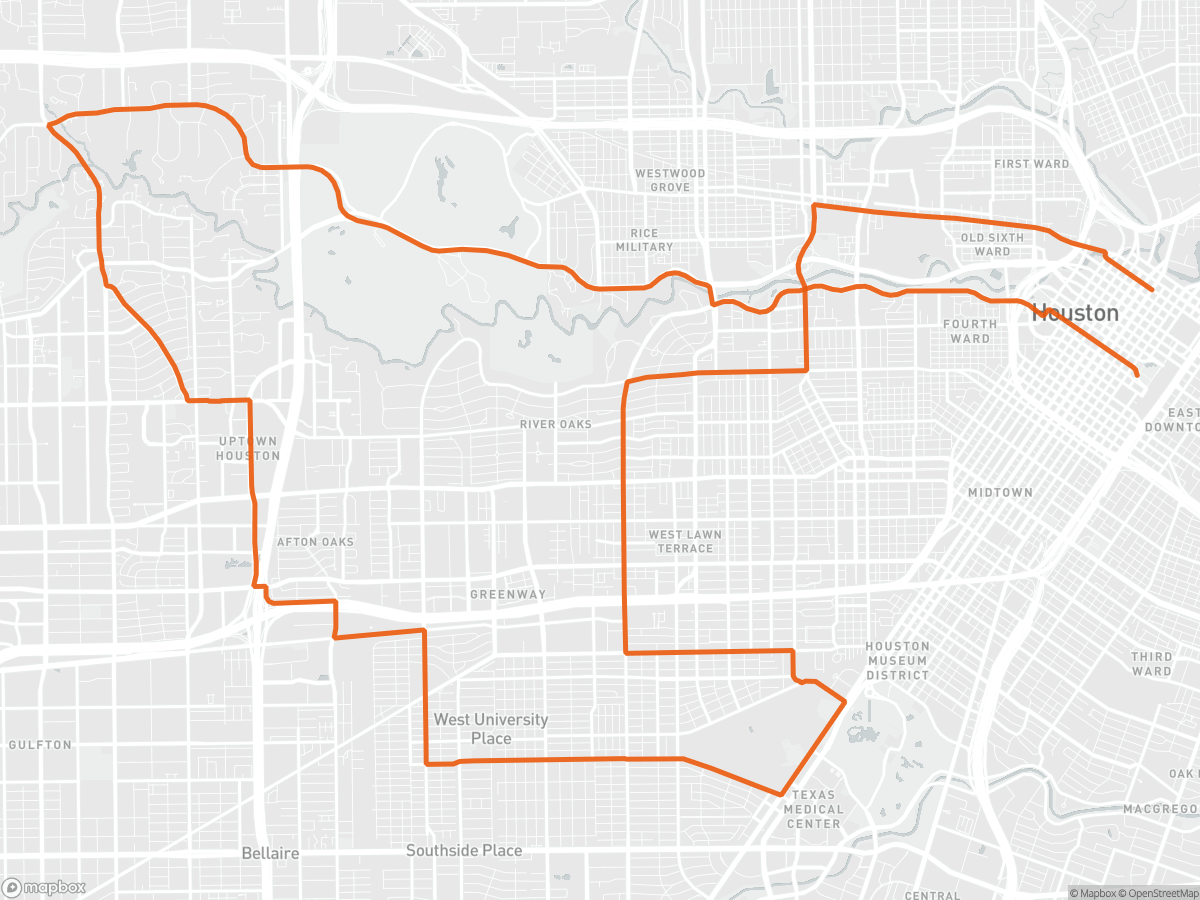Routekaart van het parcours van de Houston Marathon in Houston, TX, 26,2 mi