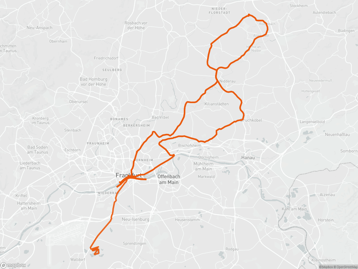 Route map of the Ironman Frankfurt course in Frankfurt, 226 km