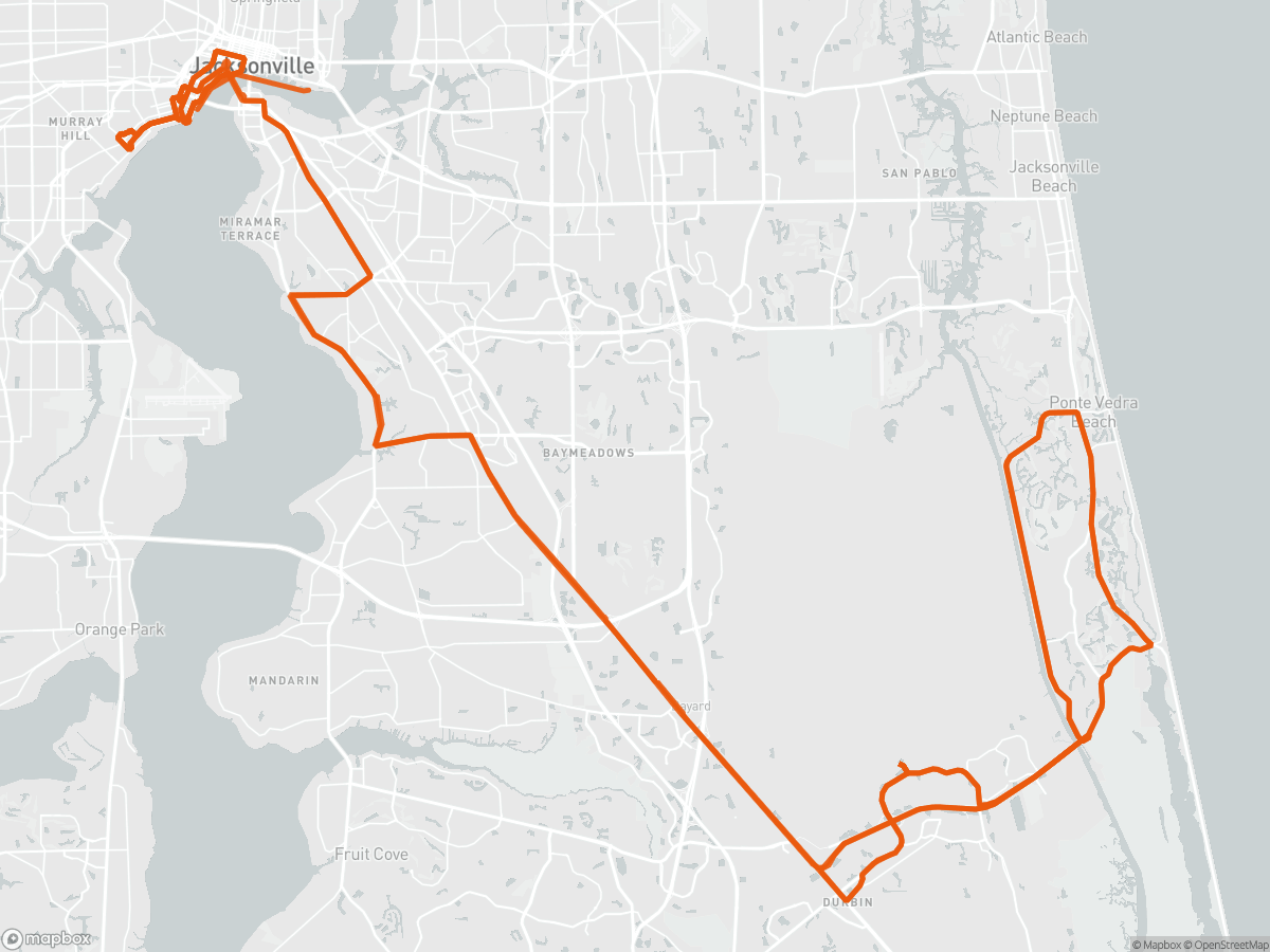 Route map of the Ironman Jacksonville course in Jacksonville, FL, 226 km