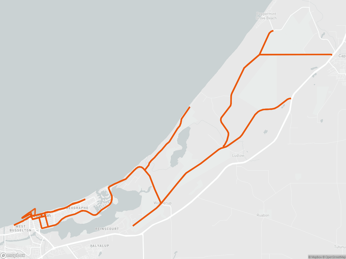 Route map of the Ironman Western Australia course in Busselton, 226 km