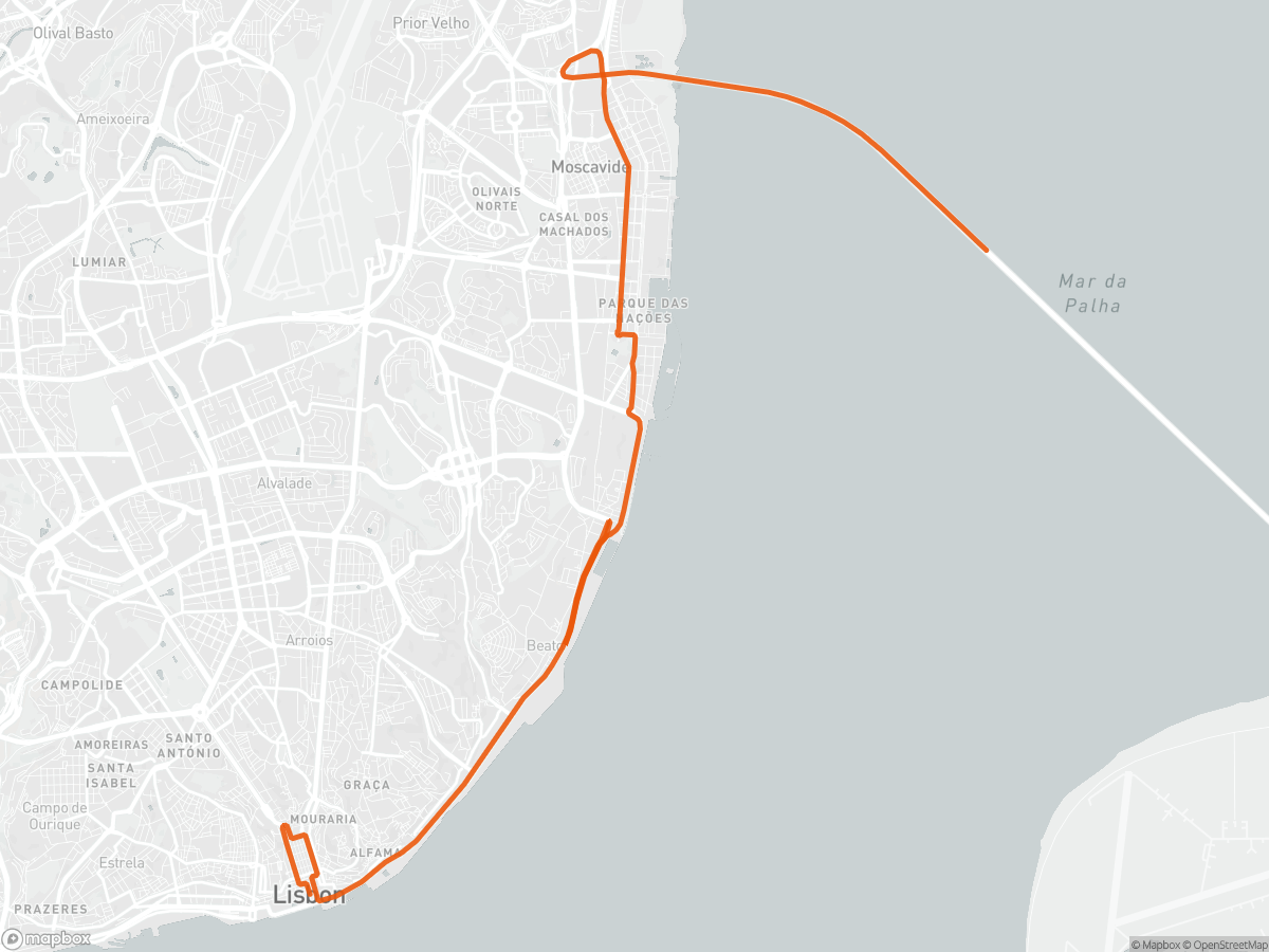 Carte du parcours du Semi-marathon de Lisbonne à Lisbon, 13,1 mi