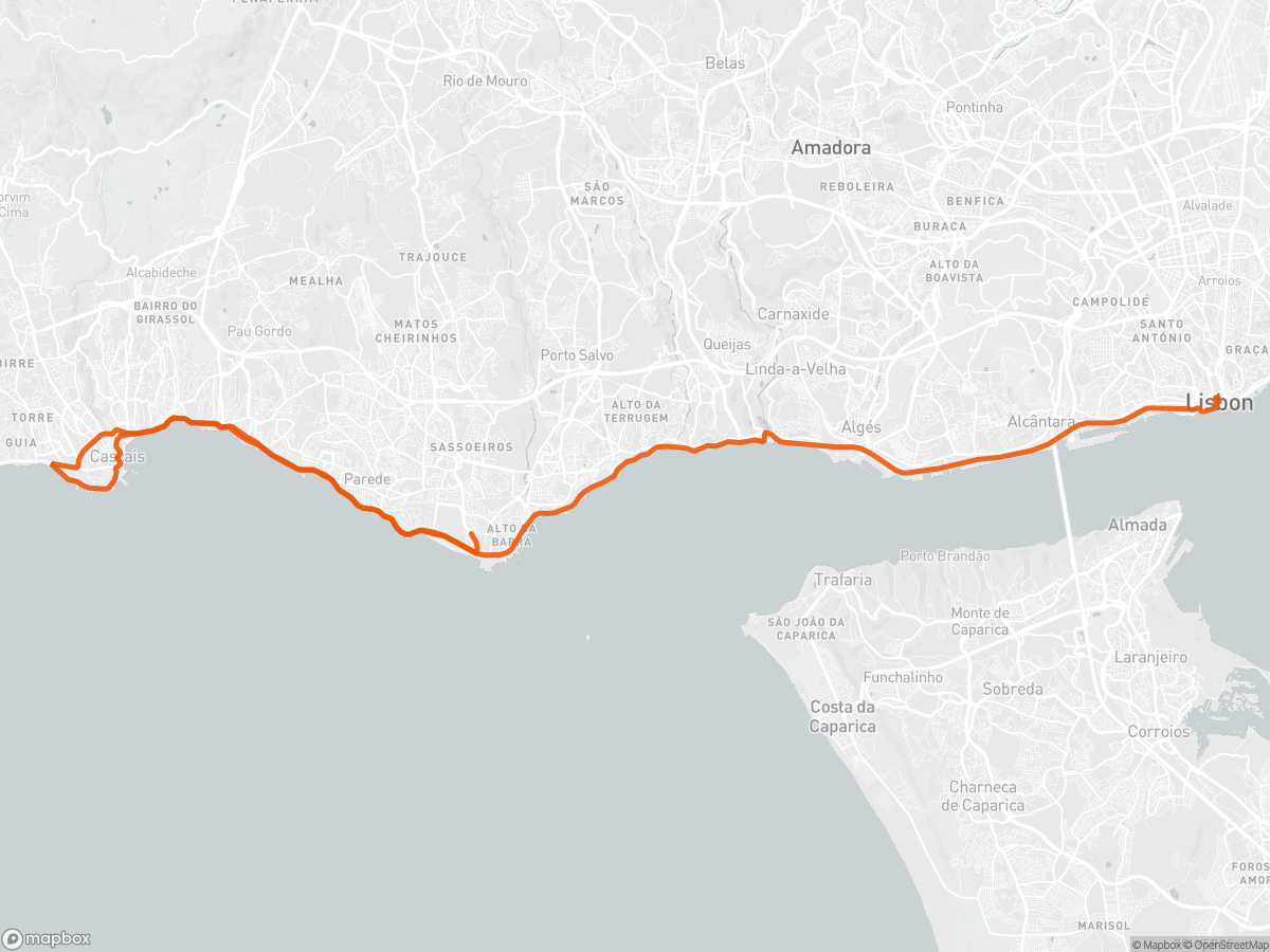 Route map of the Lisbon Marathon course in Lisbon, 42.2 km