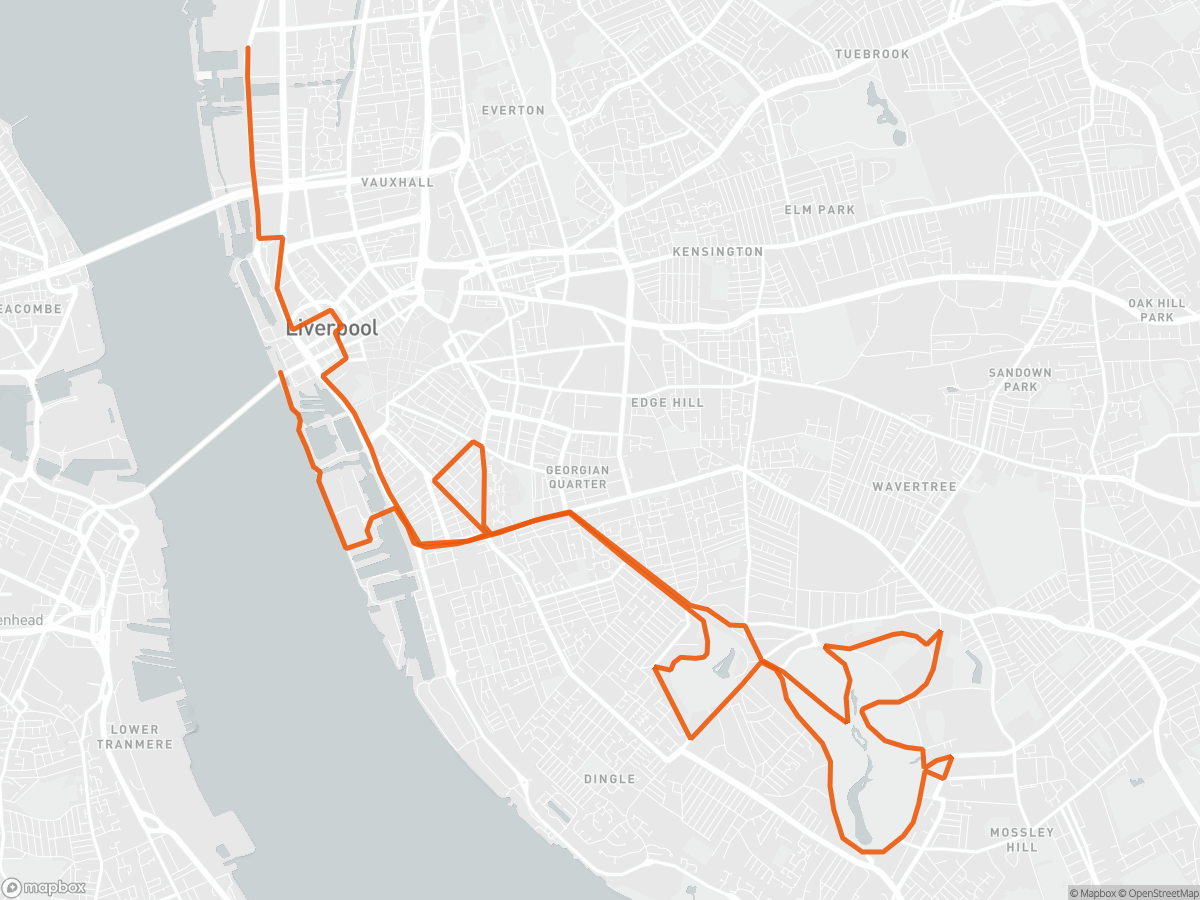 Løypekart over Liverpool Halvmaraton i Liverpool, 21,1 km