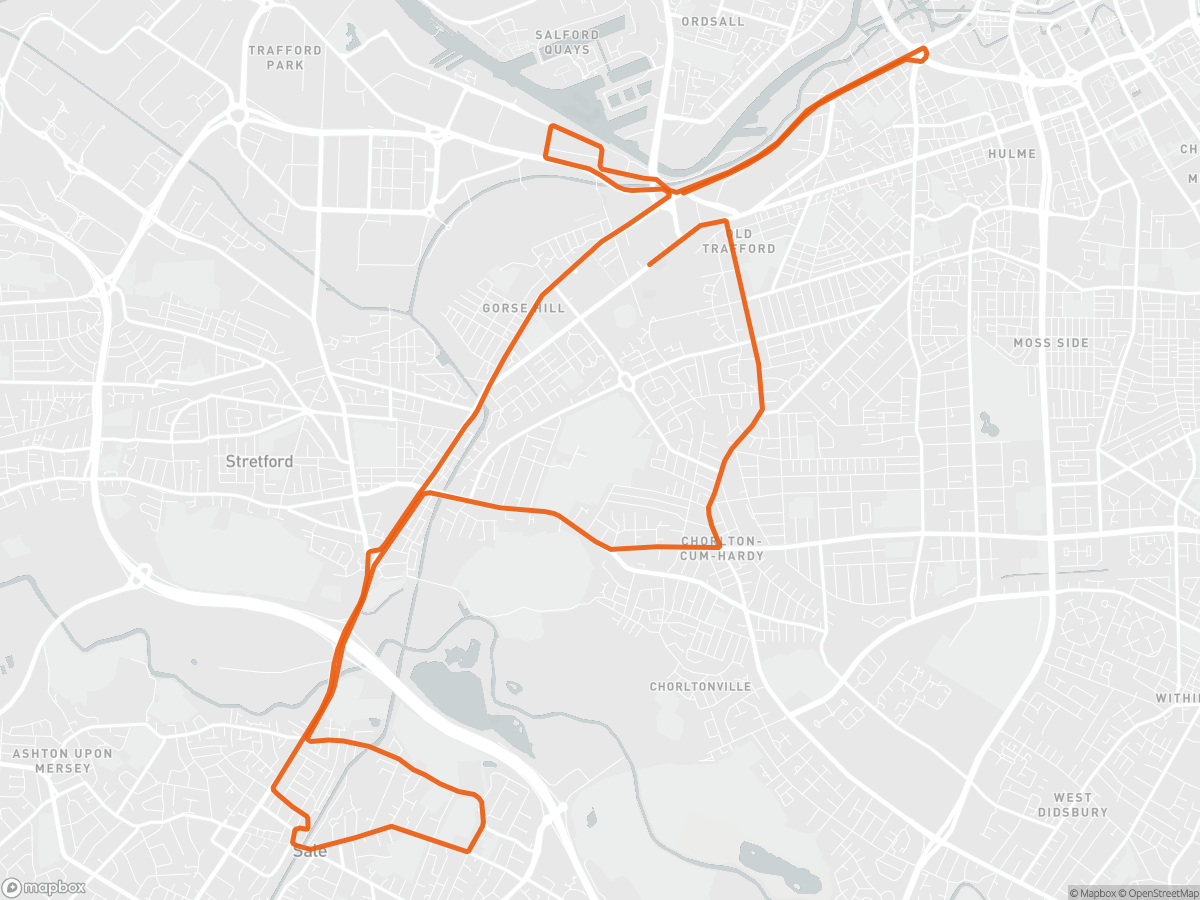 Route map of the Manchester Half Marathon course in Manchester, 21.1 km