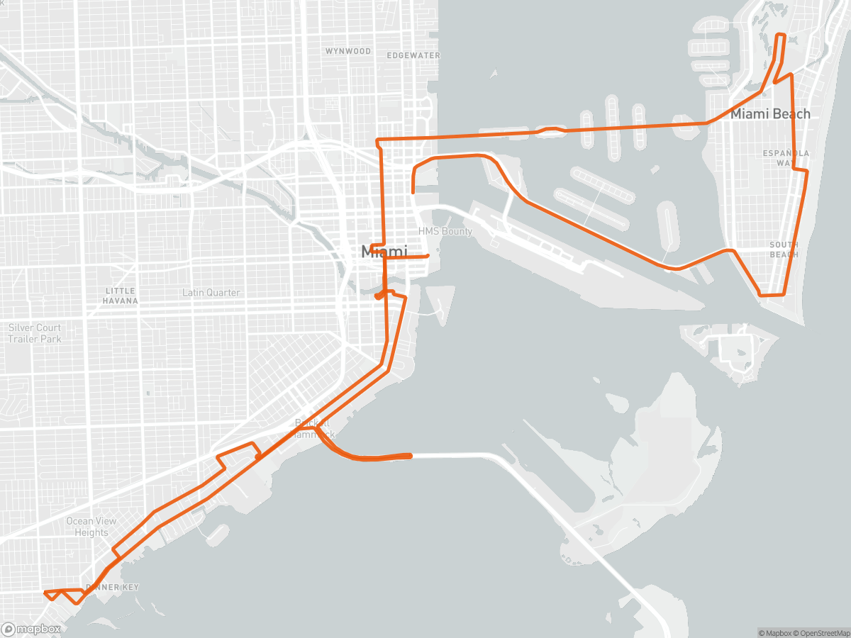 Karta över banan för Miami Maraton i Miami, FL, 42,2 km