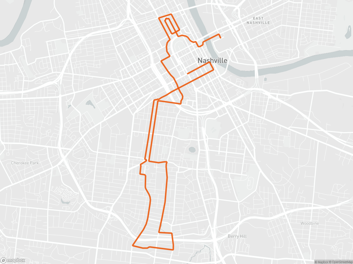 Route map of the Nashville Half Marathon course in Nashville, TN, 21.1 km