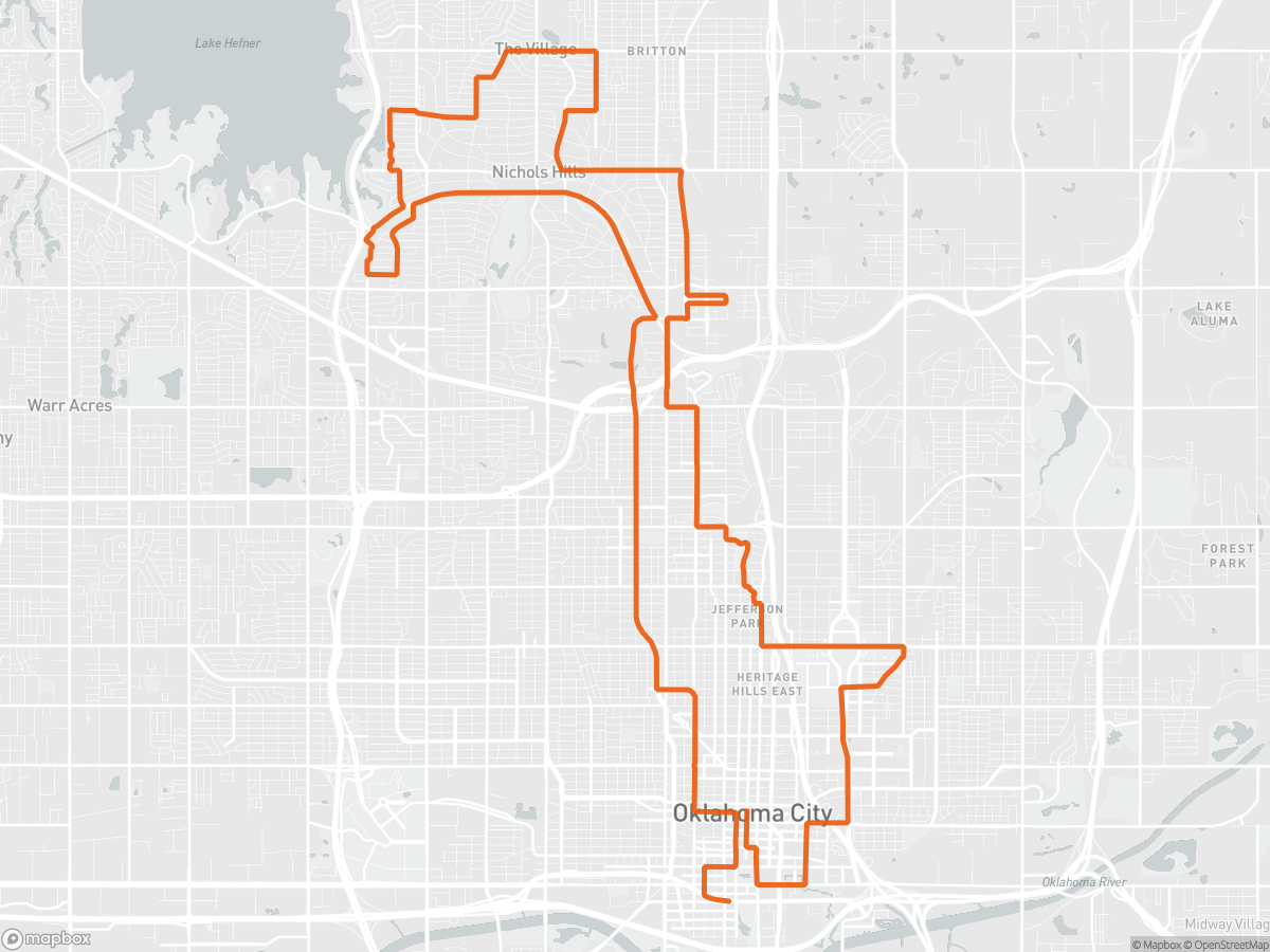 Reittikartta Oklahoma City Memorial maraton -reitistä kaupungissa Oklahoma City, OK, 42,2 km