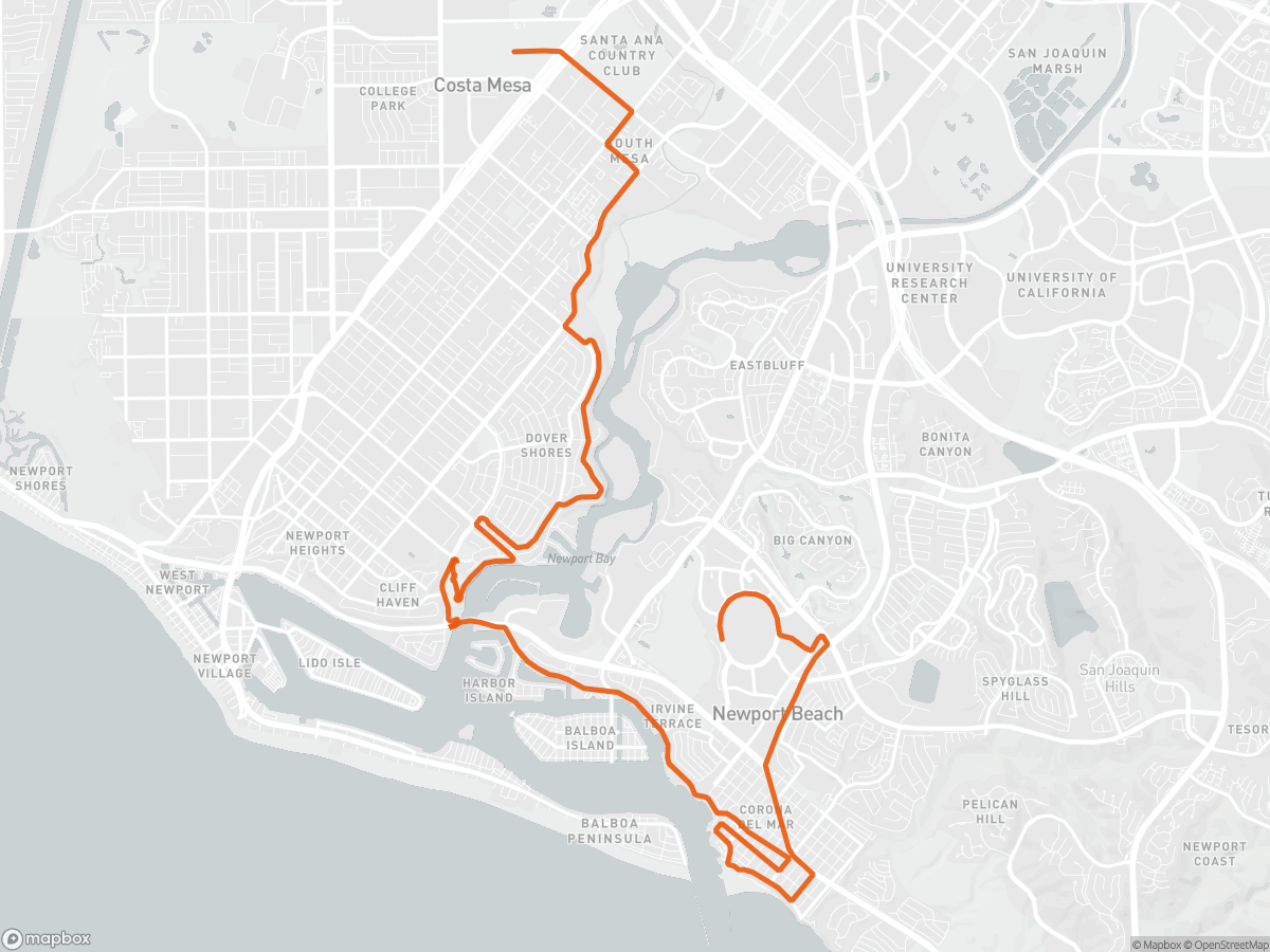 Route map of the Orange County Half Marathon course in Newport Beach, CA, 21.1 km