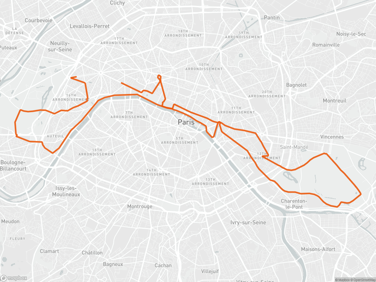 Reittikartta Pariisi maraton -reitistä kaupungissa Paris, 26,2 mi