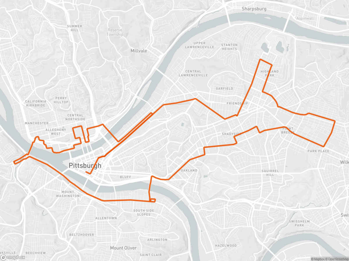 Løypekart over Pittsburgh Maraton i Pittsburgh, PA, 26,2 mi