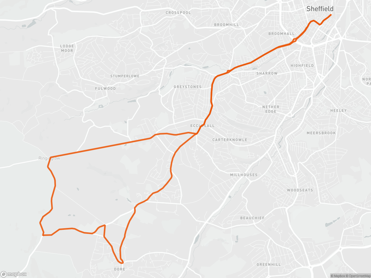 Route map of the Sheffield Half Marathon course in Sheffield, 21.1 km