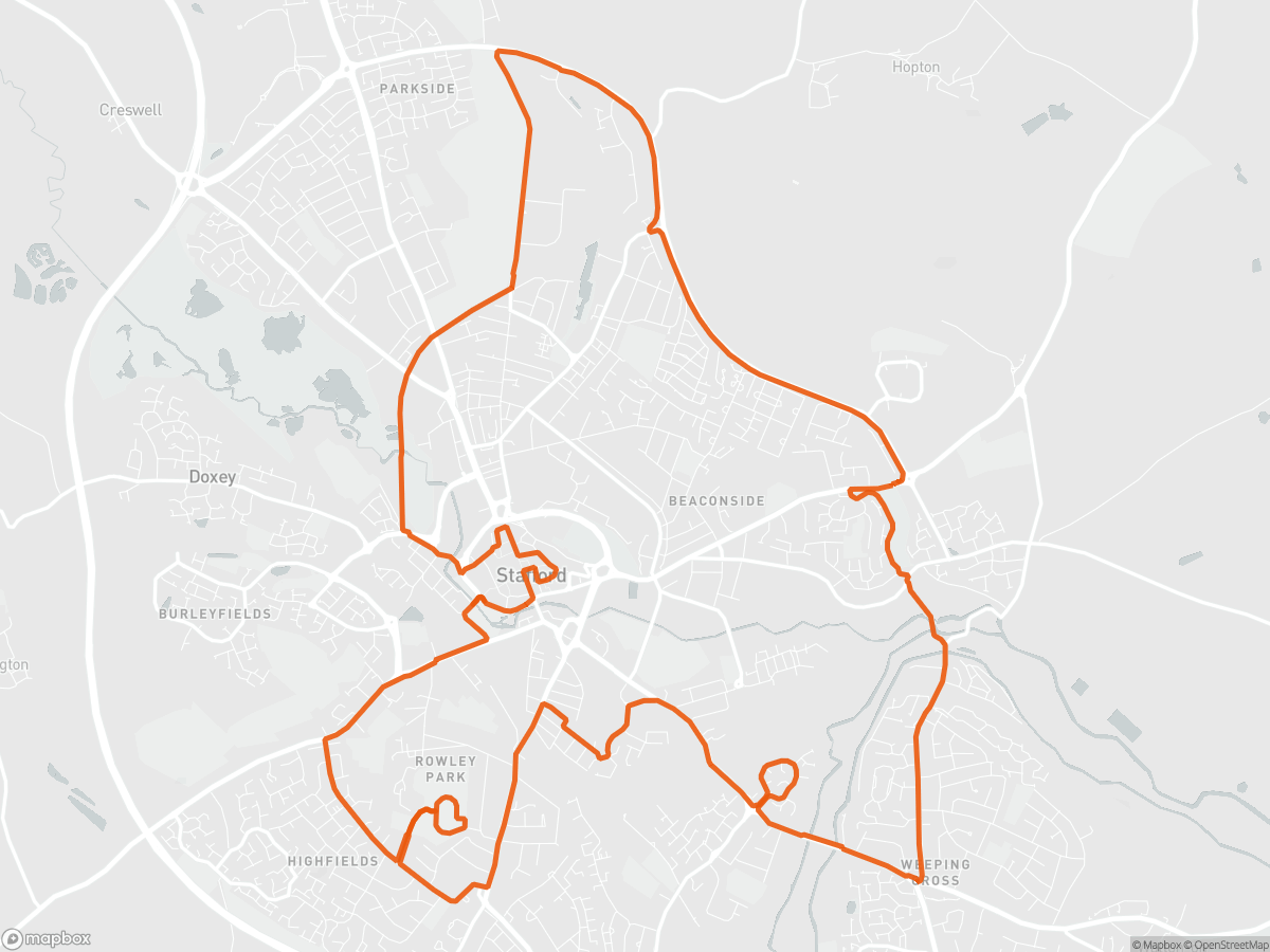 Route map of the Stafford Half Marathon course in Stafford, 21.1 km