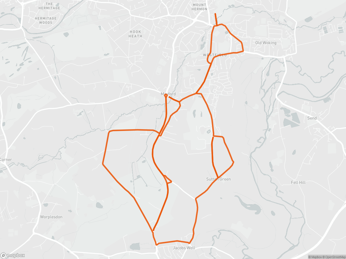 Route map of the Surrey Half Marathon course in Woking, 21.1 km