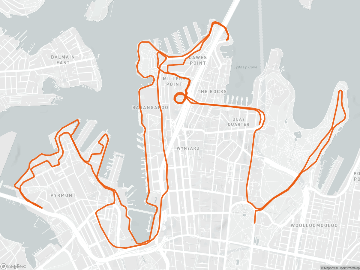 Route map of the Sydney Half Marathon course in Sydney, 21.1 km